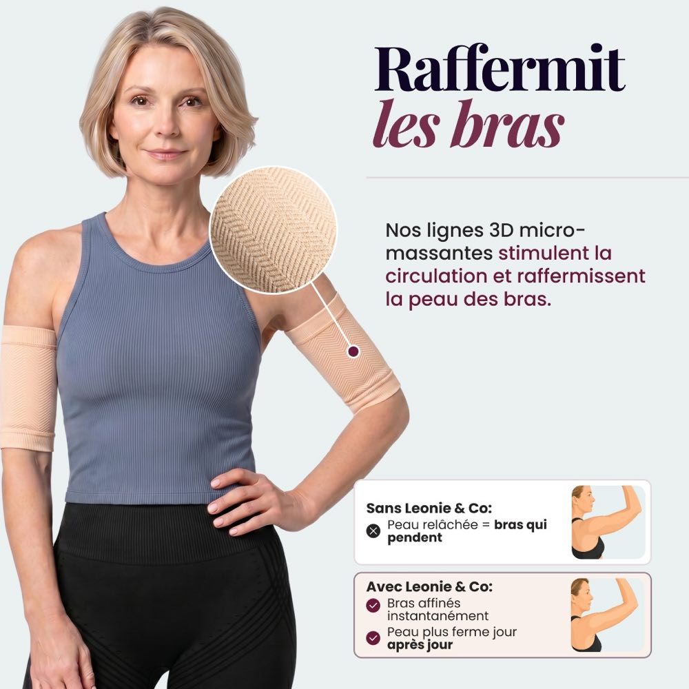 Femme portant les manchons sculptants 3D Leonie & Co en beige, relief 3D tricoté visible sur le haut du bras