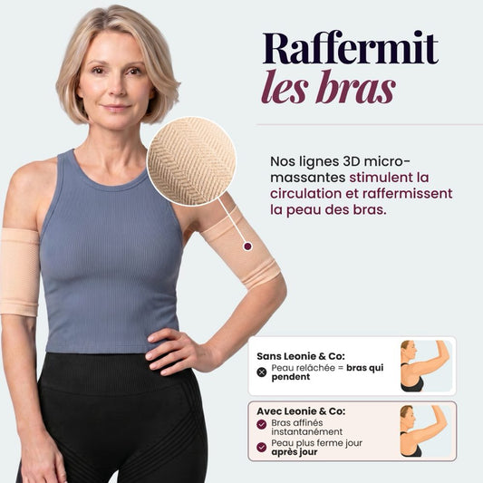 Femme portant les manchons sculptants 3D Leonie & Co en beige, relief 3D tricoté visible sur le haut du bras