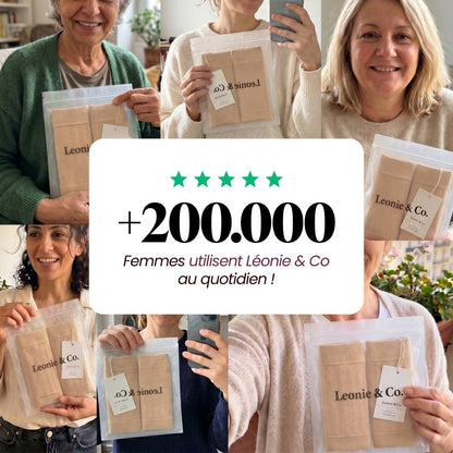 Photos de clientes tenant leurs manchons Leonie & Co, au-dessus d'une note de cinq étoiles