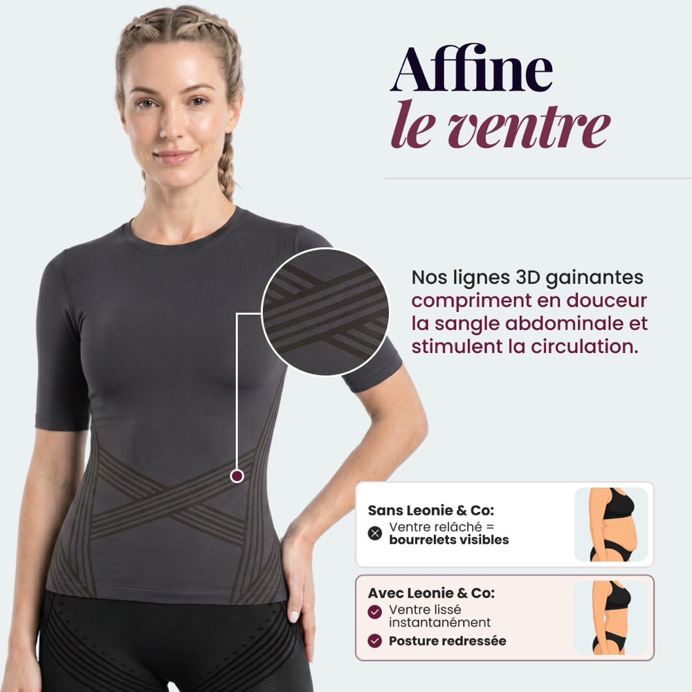 Femme portant le T-shirt sculptant 3D Leonie & Co en gris foncé, lignes 3D croisées visibles à la taille
