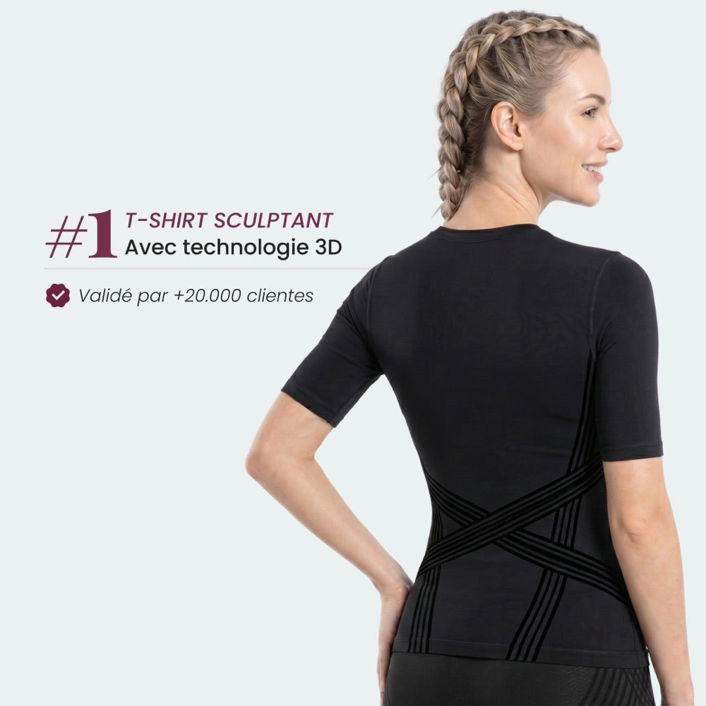 T-shirt sculptant 3D en noir vu de dos, bandes de maintien croisées apparentes