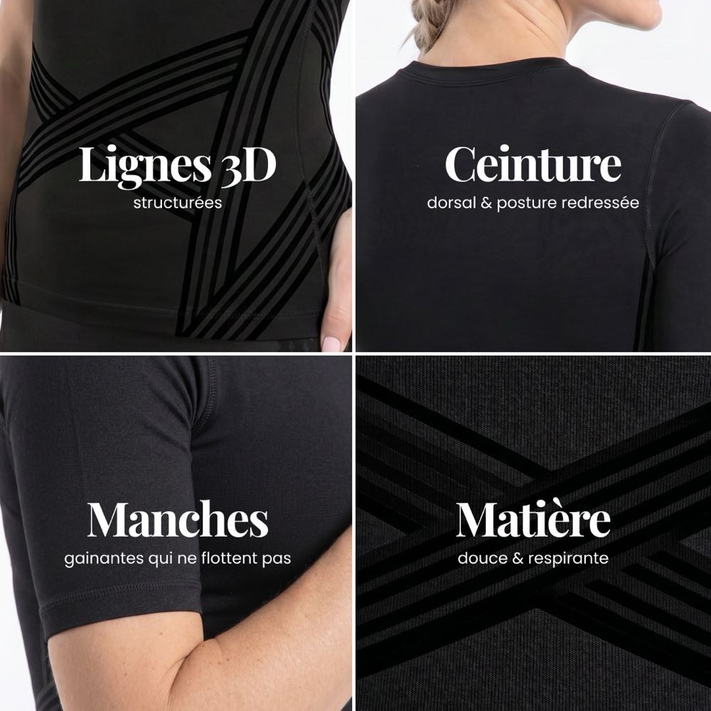 Détails du T-shirt sculptant 3D : lignes 3D tricotées, bande dorsale, coupe et maille sans couture