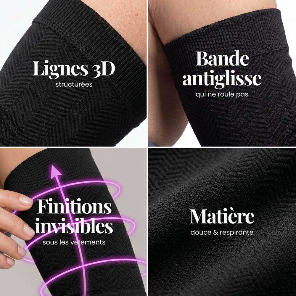 Détails des manchons en gros plan : relief 3D tricoté, bande côtelée antiglisse et matière