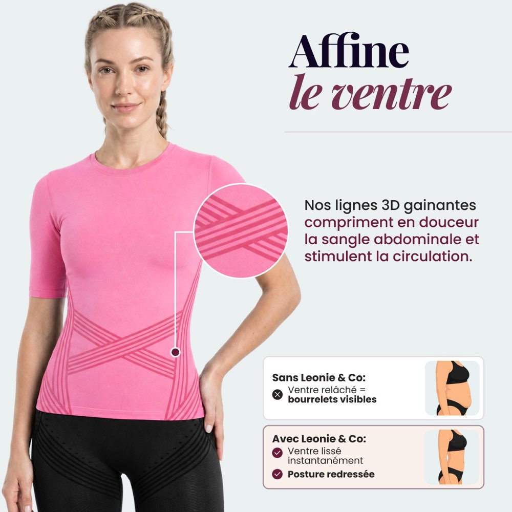 Femme portant le T-shirt sculptant 3D Leonie & Co en rose, lignes 3D croisées visibles à la taille