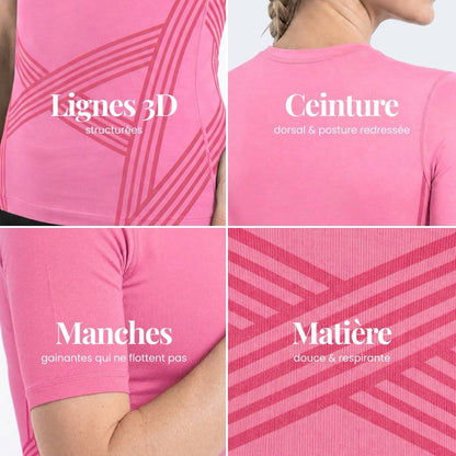 Détails du T-shirt sculptant 3D : lignes 3D tricotées, bande dorsale, coupe et maille sans couture